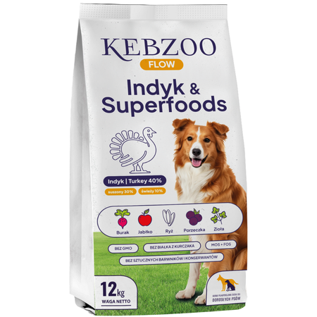 Karma sucha KEBZOO Flow Indyk&Superfoods 12 kg + GRATIS